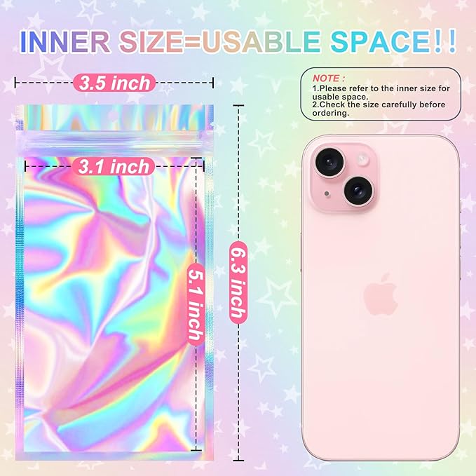 ANZNKU 100 Pack Mylar Bags Reasealable Holographic Bags, Smell Proof Bag Zipper Pouches with Clear Window, Jewelry Candy Sealable Bag for Packaging Sample Party Favor (3.5 x 6.3 Inch)