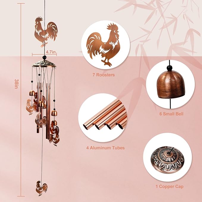 Copper Tone Animal Wind Chimes for Outdoors/Indoors - Rooster Designs - Garden, Patio, Yard, Home Decor, for Women, Men, Mom, Birthday, Memorial, Housewarming (Rooster)