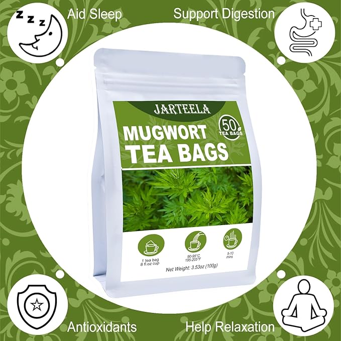 Jarteela - Mugwort Tea Bag, 2g x 50 Count - Pure Mugwort Herb - Natural Herbal Tea Bags for Digestion - Non-GMO - Caffeine-free Tea