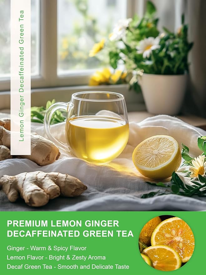 TeeLux Lemon Ginger Decaf Green Tea, Smooth Decaffeinated Green Tea with Spicy Ginger & Refreshing Natural Lemon Flavor, 50 Count