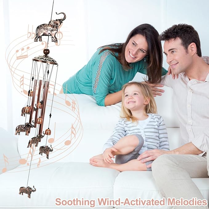 Copper Tone Animal Wind Chimes for Outdoors/Indoors - Elephant Designs - Garden, Patio, Yard, Home Decor, for Women, Men, Mom, Birthday, Memorial, Housewarming (Elephant)