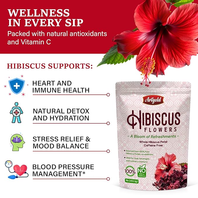 Arigold Pure Whole Petals Hibiscus Tea 1lb – Dried Hibiscus Flowers, Flor de Jamaica, Hibiscus Sabdariffa, Bissap, Sorrel, hibiscus tea loose leaf Herbal Tea for Agua Fresca, Cocktails, Iced Tea & Hot Tea | Caffeine-Free & Rich in Antioxidants.