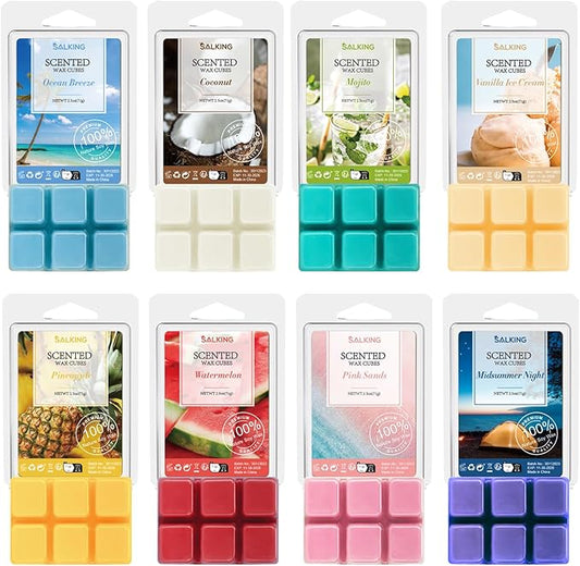 SALKING Summer Scented Wax Melts, Soy Wax Melts Gift Set, Wax Cubes/Tarts for Warmer - Ocean Breeze, Coconut, Mojito, Vanilla Ice Cream, Pineapple, Watermelon, Pink Sands, Night, 8x2.6 oz