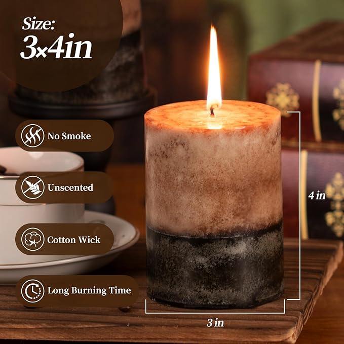 KONNI Coffee Layered Pillar Candles Set of 3, 3"x 4" Unscented Pillar Candles Bulk, 39 Hours Long Burning Candles, Smokeless&Dripless Round Candle for Wedding, Home Decoration, Parties, Spas, Dinner