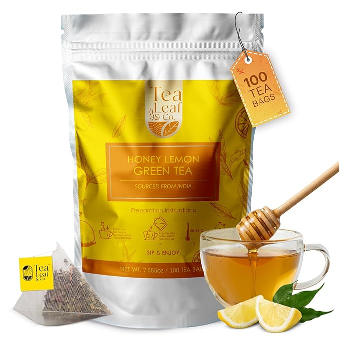 Tealeaf & Co. Honey Lemon Green Tea with Lemon & Honey Extract, Lemongrass, Licorice & Chamomile - Organic Green Tea Bags with Fresh Herbs and Spices - 100 Teabags (7.055oz/200gm)