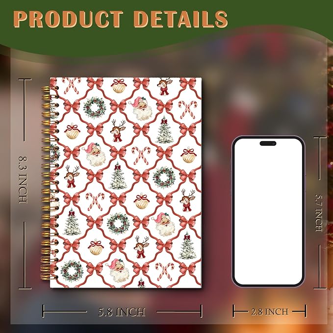 Exqcom Coquette Christmas Red Bow Spiral Notebook Gifts, Retro Xmas Tree Wreath Santa Reindeer Journal for Women, Preppy Aesthetic Hardcover Notebook Journal Office School Supplies, 5.5x8.3 Inch