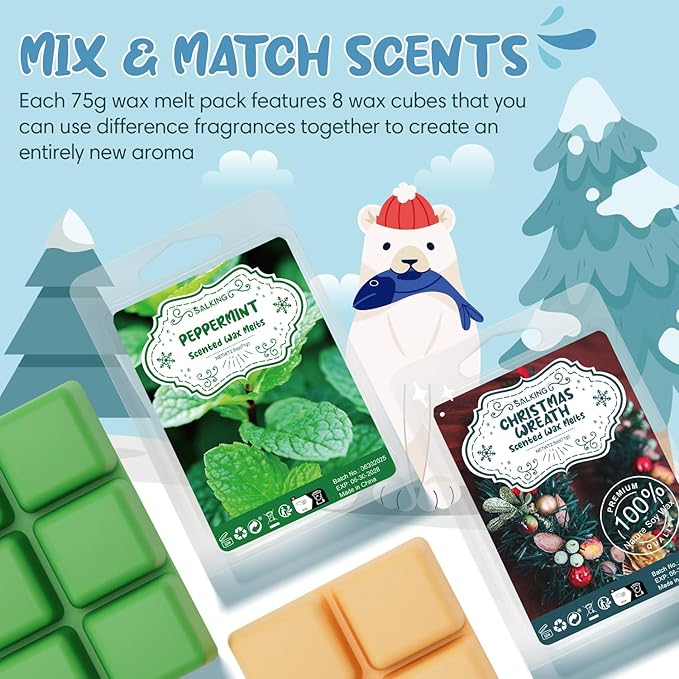 Winter Scented Wax Melts, Christmas Soy Wax Melts Gift Set, Wax Cubes/Tarts for Warmer - Christmas Wreath, Gingerbread, Sugar Cookie, Peppermint, Cinnamon, Cranberry, Apple Cider, Candy Cane, 8x2.6 oz