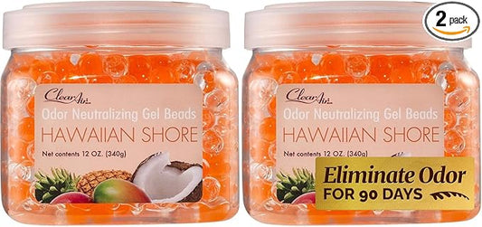 Clear Air Odor Eliminator Gel Beads - 12 oz, Pack of 2 - Air Freshener Made with Essential Oils - Eliminates Odors in Bathrooms, Cars, Boats, RVs & Pet Areas - Hawaiian Shore Scent