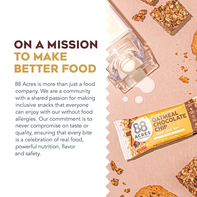 88 Acres Granola Bars | Oatmeal Chocolate Chip | Gluten Free, Nut-Free Oat and Seed Granola Bar | Vegan & Always Non GMO | 12 Pack