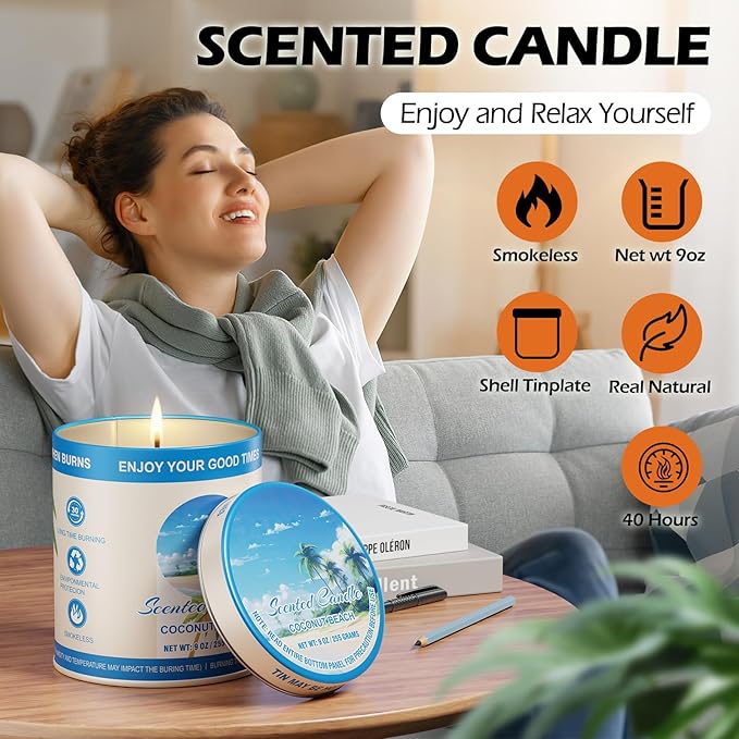 Coconut Beach Scented Soy Wax Candles | 2 Pack 510g 80H Burn Time 8% Essential Oils | Aromatherapy Jar Tin Candle for Stress Relief | Perfect Home Meditation, Yoga, Spa Stylish Gift for Men and Women