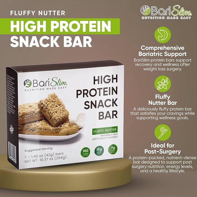 BariSlim High Protein Snack Bar for Bariatric Patients - Nutrient Rich Snack for Post-Surgery Wellness - Ideal for Weight Loss Maintenance & Daily Nutrition | Fluffy Nutter Bar (13 oz)
