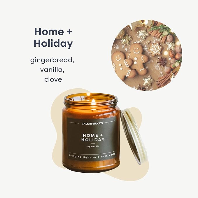 Calyan Wax Co. Soy Wax Candle, Home + Holiday Scented Candle, 57 Hour Burn Time, Aromatherapy Soy Candles, Non Toxic & Vegan Soy Wax, Amber Glass Jar Scented Candles, 7.2oz