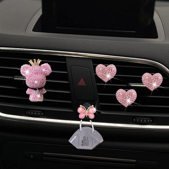 Heart & Bear 4 Pcs Bling Heart Air Vent Clips - Diamond Car Diffuser & Interior Decor Charm - Cute Car Accessories & Decoration for Women + Cute Butterfly Mask Hook (Pink, 1)