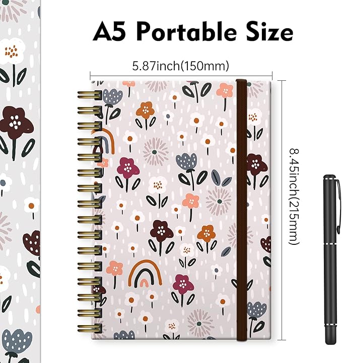 Cute Spiral Notebook, Journal for Women, Hardcover Spiral Journal, 5.5 x 8.3 Inches, 120 Pages,100gsm Paper, for Gifts Nurse Teacher Women Office Supplies(Cute Rainbow Flower)