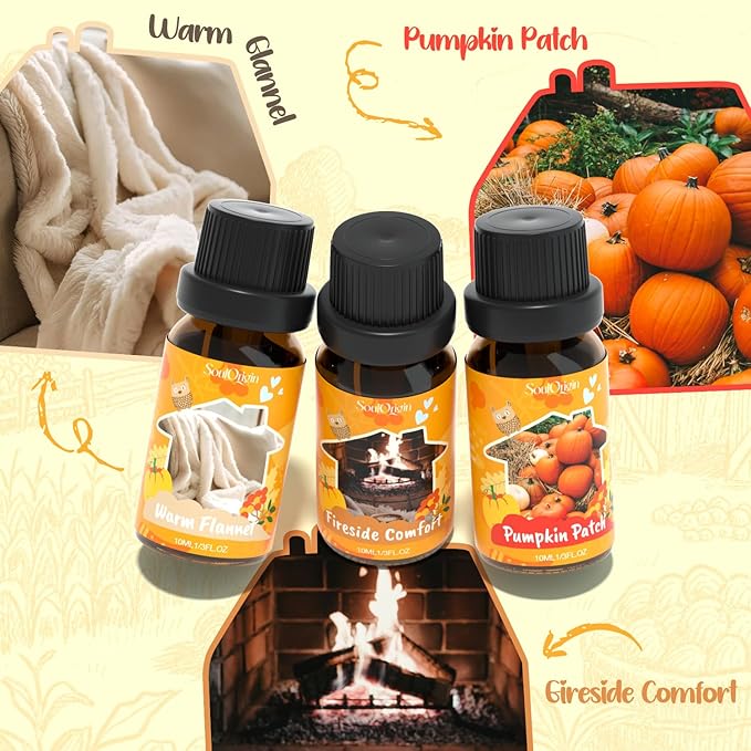 Fall Cozy Cabin Fragrance Oils Set, Essential Oil for Diffuser, Use for Soap Candle Making-Smoky Cedar Wood, Roasted Marshmallows, Autumn Leaves, Warm Flannel, Fireplace Time, Pumpkin Patch