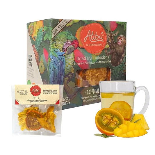 Alibú Dried Fruit Tea Infusions - Tropical - Naranjilla, Mango, Pineapple – Certified Vegan, 100% Natural, Hot or Iced, Caffeine Free, Eat and Drink - Box of 2.12 oz