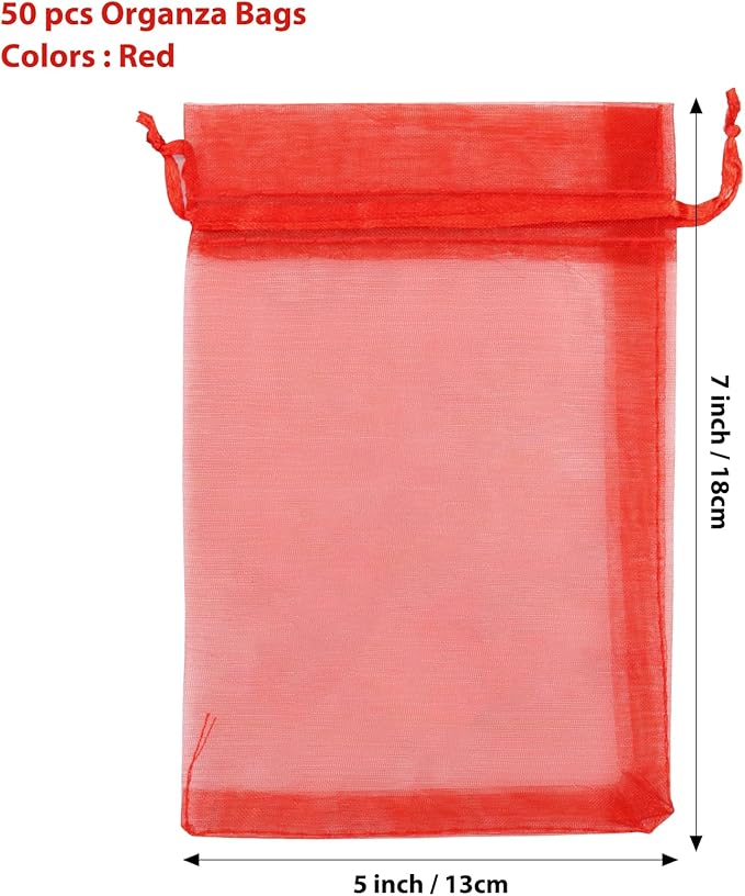 ANZNKU 50PCS Premium Red Organza Bags 5x7 inches Mesh Bags Drawstring, Gift Bag for Party, Wedding Favor Bag, Mesh Pouches, Sheer Mesh Pouches Drawstring