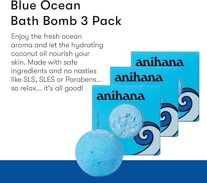 ANIHANA Bath Bombs with Coconut Oil, Paraben Free, Hand-Crafted Luxury Fizzers, Refreshing Blue Ocean Scent, 6.3 oz Each, 3 Pack