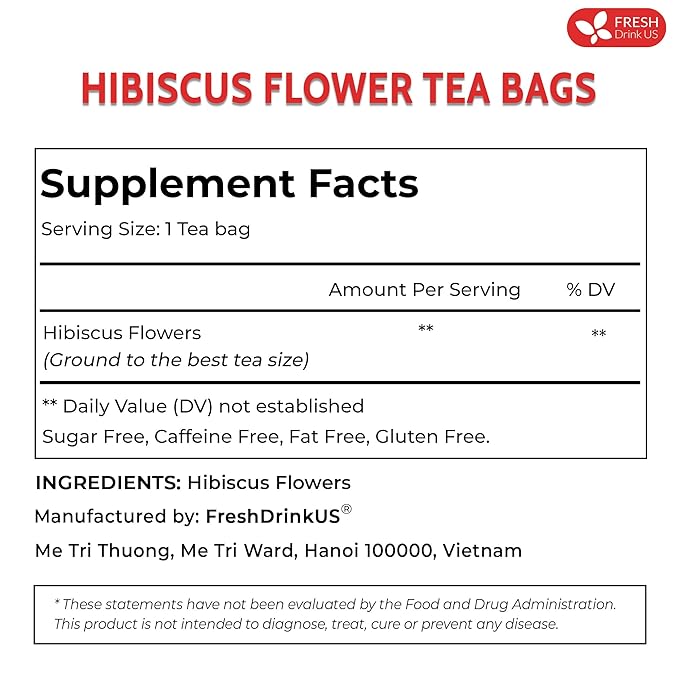 FreshDrinkUS, Premium 10 Hibiscus Flowers Tea Bags, 100% Natural, Pure from Hibiscus Flowers. Loose Flower Hibiscus Herbal Tea. Hibiscus Flower Tea. No Sugar, No Caffeine, No Gluten, Vegan.