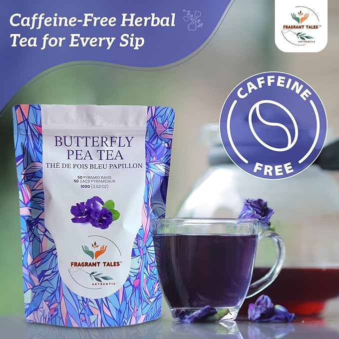 FRAGRANT TALES - Blue Butterfly Pea Flower Tea, Natural Herbal Tea, Caffeine Free, Preservative Free, 3.52 Oz, 50 Pyramid Bags