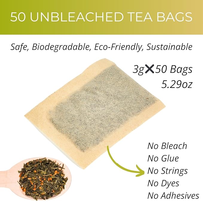 5.29oz Organic Genmaicha Green Tea with Roasted Rice, 50 Count, Unbleached, ECO-Conscious Genmaicha Tea Bags, VitalForest Roasted Green Tea Brown Rice Tea
