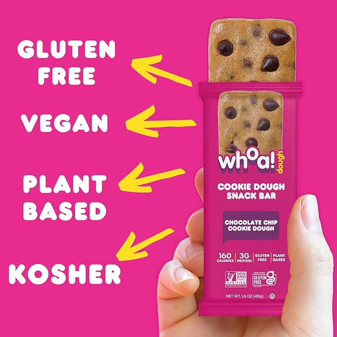 Whoa Dough Edible Cookie Dough Bars- Certified Non-GMO, Kosher and Gluten Free Bars - Healthy Snack Foods - Plant Based Snacks Made With Real Ingredients - Chocolate Chip Cookie Dough - 10 Pack