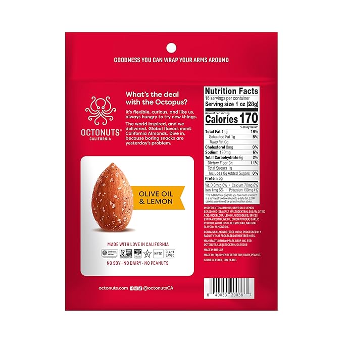 Octonuts Olive Oil & Lemon Almonds – 12 Individually Wrapped Snack Packs (1oz Each), Healthy Snacks for Adults and Kids, Non-GMO, Keto and Gluten-Free, Roasted in Cold Pressed Olive Oil