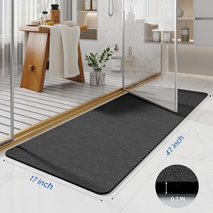 Dark Grey Bathroom Mat Rugs 47x17 Long Diatomaceous Earth Bath Mat Large Quick Dry Bath Mat Non Slip Rubber Backed Super Absorbent Shower Mat, Thin Bathroom Runner Rugs Floor Mat Fit Under Door