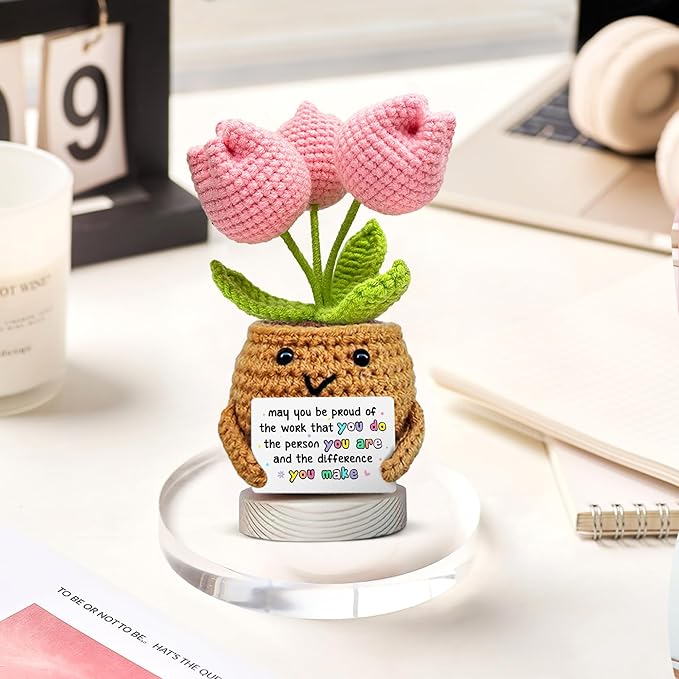 Gossby Handmade Positive Tulip Flower Crochet - May You Proud of The Work That You Do - Inspirational Gift for Women - Positive Energy, Apreciation, Farewell, Retirement, Goodbye Gift for Coworker