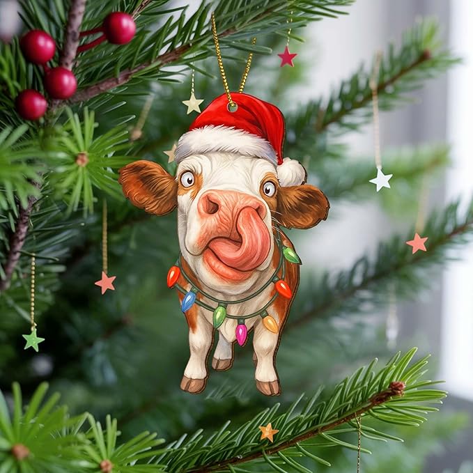 Farmhouse 2 Side Printed Wooden Ornament, Farm Animal Tree Decoration, Dairy Cow Ornament, Holiday Hanging Keepsake Gift for Christmas