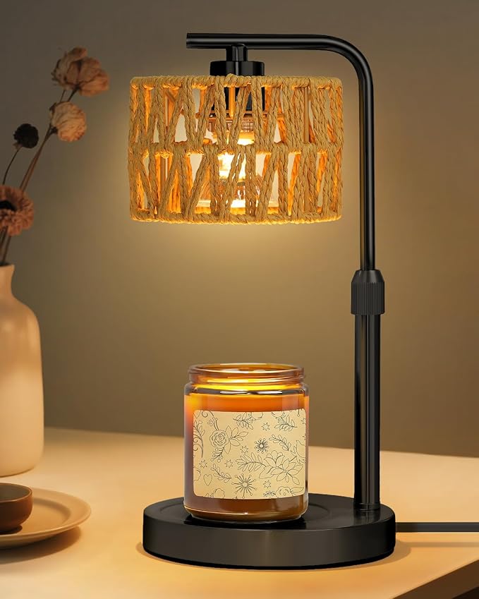 Candle Warmer Lamp, Timer Dimmable Wax Warmer, Adjustable Height and Brightness Candle Melt Lamp, Boho Rattan Lampshade and 2 Bulbs, Suitable for Home Decor, Birthday Gifts for Women Mom (Black)