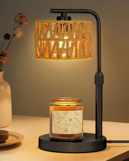 Candle Warmer Lamp, Timer Dimmable Wax Warmer, Adjustable Height and Brightness Candle Melt Lamp, Boho Rattan Lampshade and 2 Bulbs, Suitable for Home Decor, Birthday Gifts for Women Mom (Black)