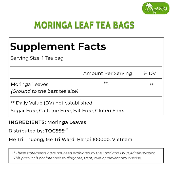 TOG999, Premium 60 Moringa Leaf Tea Bags, 100% Natural & Pure, Loose Leaf Moringa Herbal Tea. No Sugar, No Caffeine, No Gluten, Vegan.