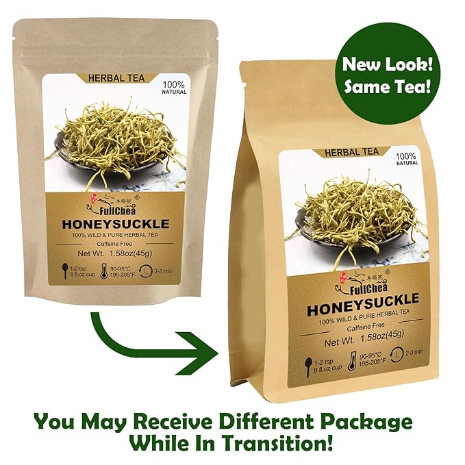 FullChea - 100% Pure Natural Dried Honeysuckle - Jin Yin Hua Honeysuckle Tea - Premium Flower Herbal Tea - 1.58oz/45g (Pack of 2)