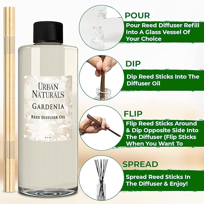 Urban Naturals Reed Diffuser Oil Refill Gardenia with Jasmine, Ylang Ylang, Tuberose, Amber 8 oz + Free Reed Sticks, Made in The USA