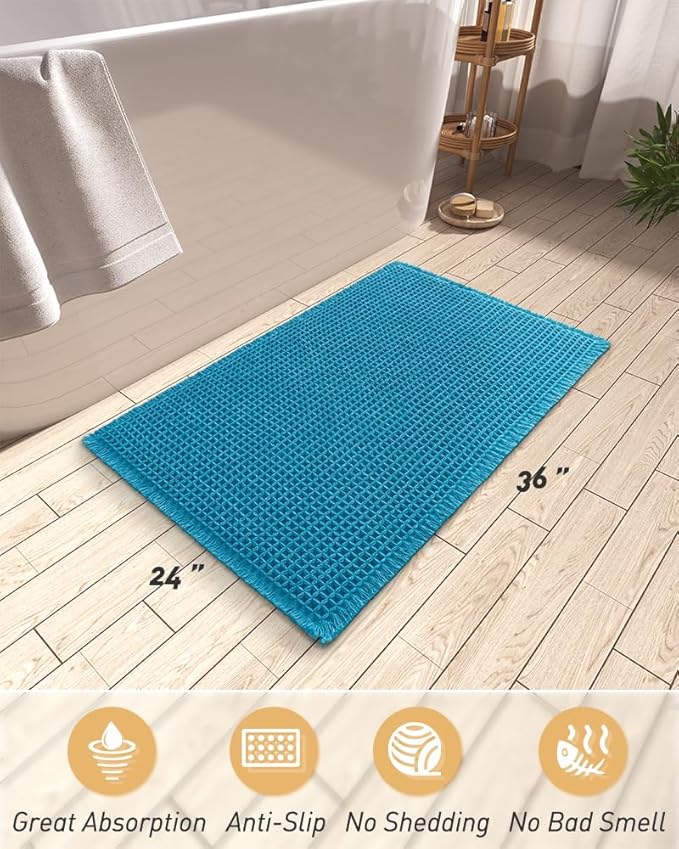 AMOAMI Upgraded Waffle Bath Mat, Super Absorbent Non Slip Bath Mats for Bathroom Floor, Machine Washable Bathroom Rugs with Tassels, Rubber Backed Bathroom Mats, Ultra Soft, 24" x 36", Teal