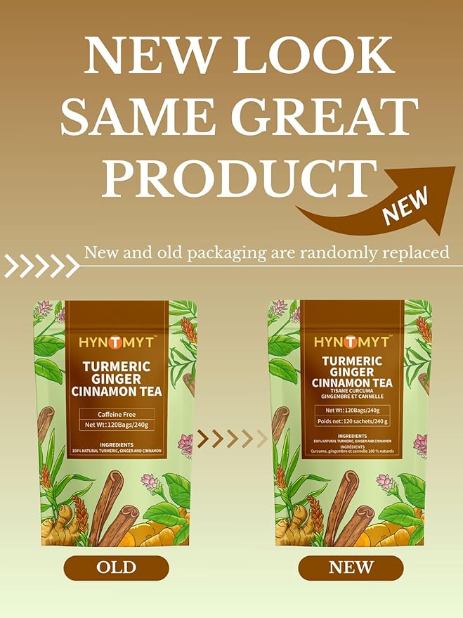 HYNTMYT Turmeric Ginger Cinnamon Tea Bags, Herbal Blend of Turmeric & Ginger Root & Cinnamon, Light Spicy & Sweet Flavor, Caffeine Free, 120 Count