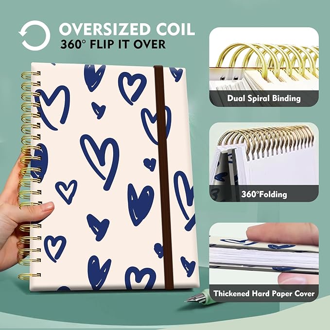 Cute Spiral Notebook, Journal for Women, Hardcover Spiral Journal, 5.5 x 8.3 Inches, 120 Pages,100gsm Paper, for Gifts Nurse Teacher Women Office Supplies(Cute Blue Heart)