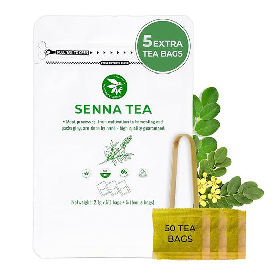 Senna Tea Bags - 55 Count (+5 Tea Bags), 5.29 oz, Bamboo Tong Included, Natural Senna Leaves, Supports Digestive Comfort & Gentle Cleanse, Slightly Bitter Herbal Tea for Daily Wellness