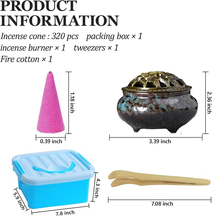 Incense Cones， 8 Mixed (320 Cones Total) Cone Incense Scents, and A Ceramic Incense Burner. Natural Scent Cone， for Meditation, Yoga, Purification, and Aromatherapy.