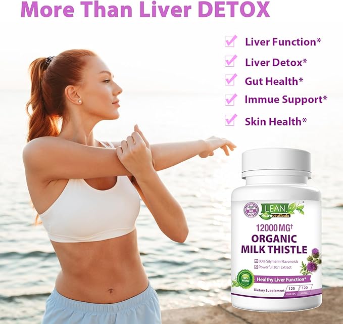 Liver Cleanse Detox & Repair, Organic Milk Thistle 12000 Mg 120 Day Support Supplement, 30X Seed Extract with Silymarin Pills, MD Pure Herbal Kidney Lung Health Fast Active Aid Formula 120 Capsules