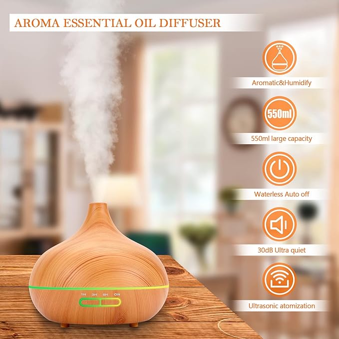 550 ML Aroma Diffiser with Essential Oils Set, Essential Oil Diffuser with Remote, Ultrasonic Technology Aromatherapy Diffusers Auto Shut-Off for Office, Home