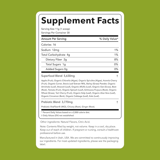 Clean Simple Eats Super Greens Powder, Naturally Flavored Greens Powder with Chlorella, Spirulina, Superfoods & Prebiotic Fiber, No Artificial Ingredients, Gluten Free, Green Apple Flavor, 30 Servings