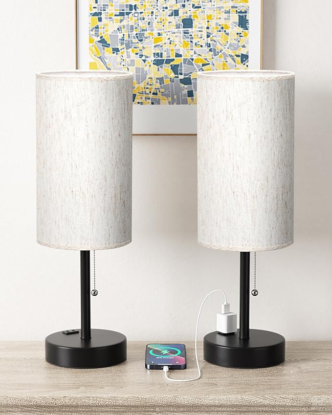 Fenmzee Plus Bedside Table Lamps Set of 2-3 Color Temperatures Pull Chain Lamp with AC Outlet Charging Port, Round Night Stand Lamps for Bedroom Guest Room Office, Bed Side Light with E26 LED Bulbs