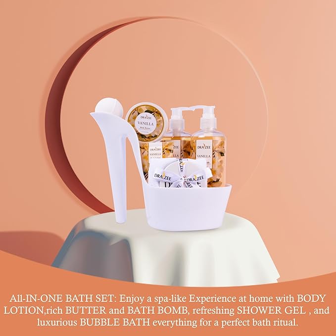 Luxury Spa Gifts for Women – 8 Pc Vanilla Scented Bath and Body Set with Bubble Bath, Lotion & More – Luxury Self Care Kit for Wife, Mom, Girlfriend, Birthday Gifts for Women by Draizee