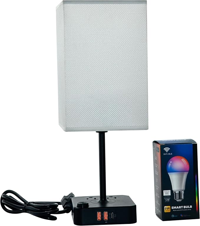 cozoo Bluetooth/WiFi RGB & USB Bedside Table Lamp with 2 USB Charging Ports and 2 Outlets Power Strip, LED Light Bulb Dimmable, Music Sync RGB Color Changing Light for Party Home/Bedroom/Living Room