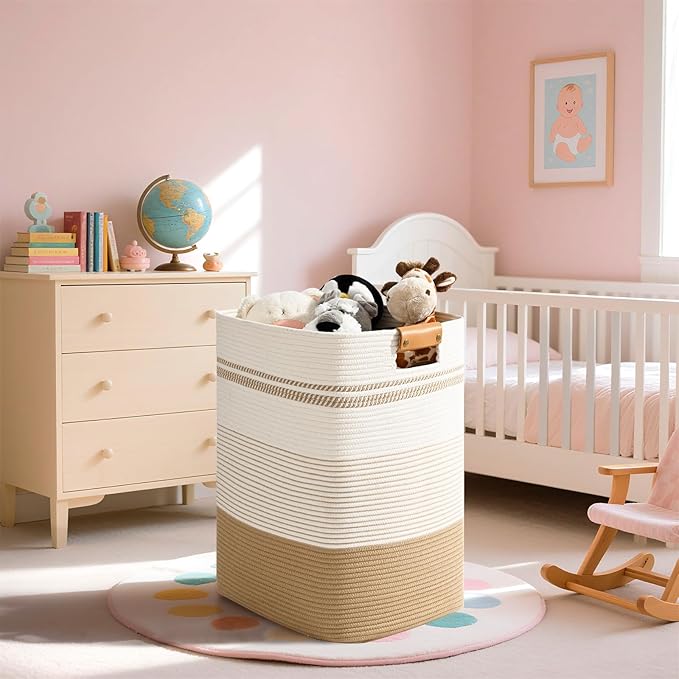 Laundry Hamper, 85L Tall Laundry Basket with Leather Handles, Rectangle Large Clothes Hamper for Organizing, Cotton Woven Laundry Baskets Storage Hampers for Bedroom, Nursery, Living Room