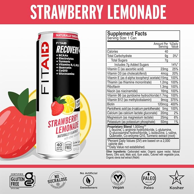 LIFEAID FITAID Post Workout Recovery Drink, Strawberry Lemonade, BCAAs, Glucosamine, Electrolytes, Quercetin, Paleo, Vegan & Gluten-Free, 40 Calories, 12 Fl Oz (Pack of 24)