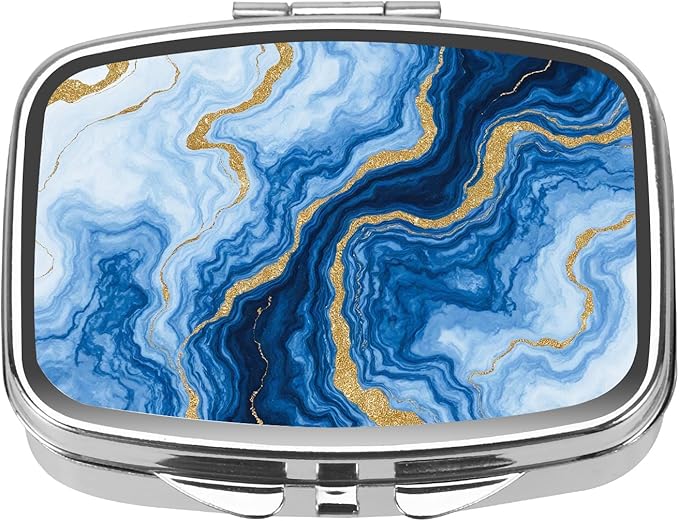 Dynippy Pill Case Pill Box with Mirror Retro Pocket 2 Compartment Medicine Case Vitamin Pill Organizer for Pocket Purse and Travel (Silver-Blue Gold Marble)