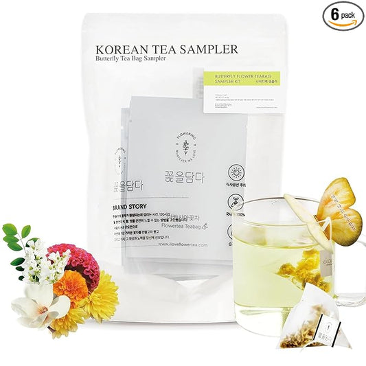 KKOKDAM Gourmet Butterfly Tea Bags Gift Set Sampler – Fancy Tea Variety Pack Set, Korean Drinks, Unique Gifts -Perfect as Women Tea Gift Set - 6 Count